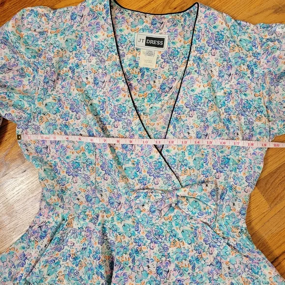 Vintage 1980sJT Dress Floral Wrap Dress with Blue and Pink Accents Size 10